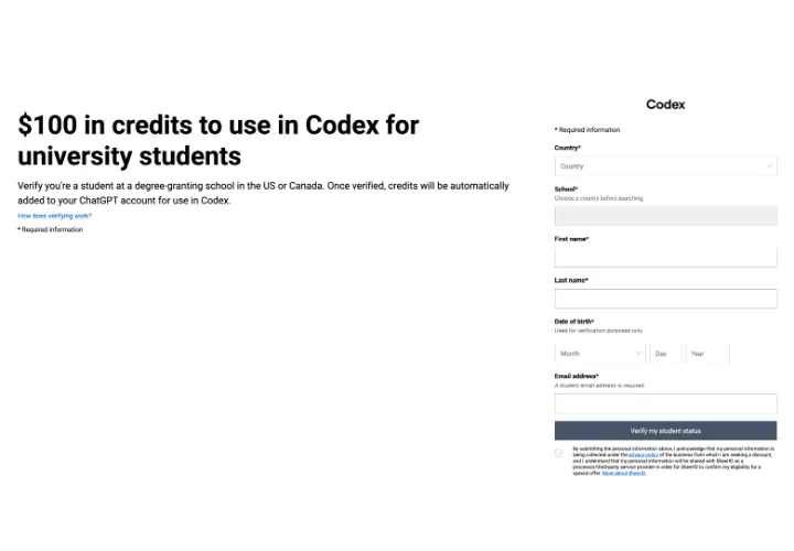 OpenAI Codex Student Discount: free $100 in Credits
