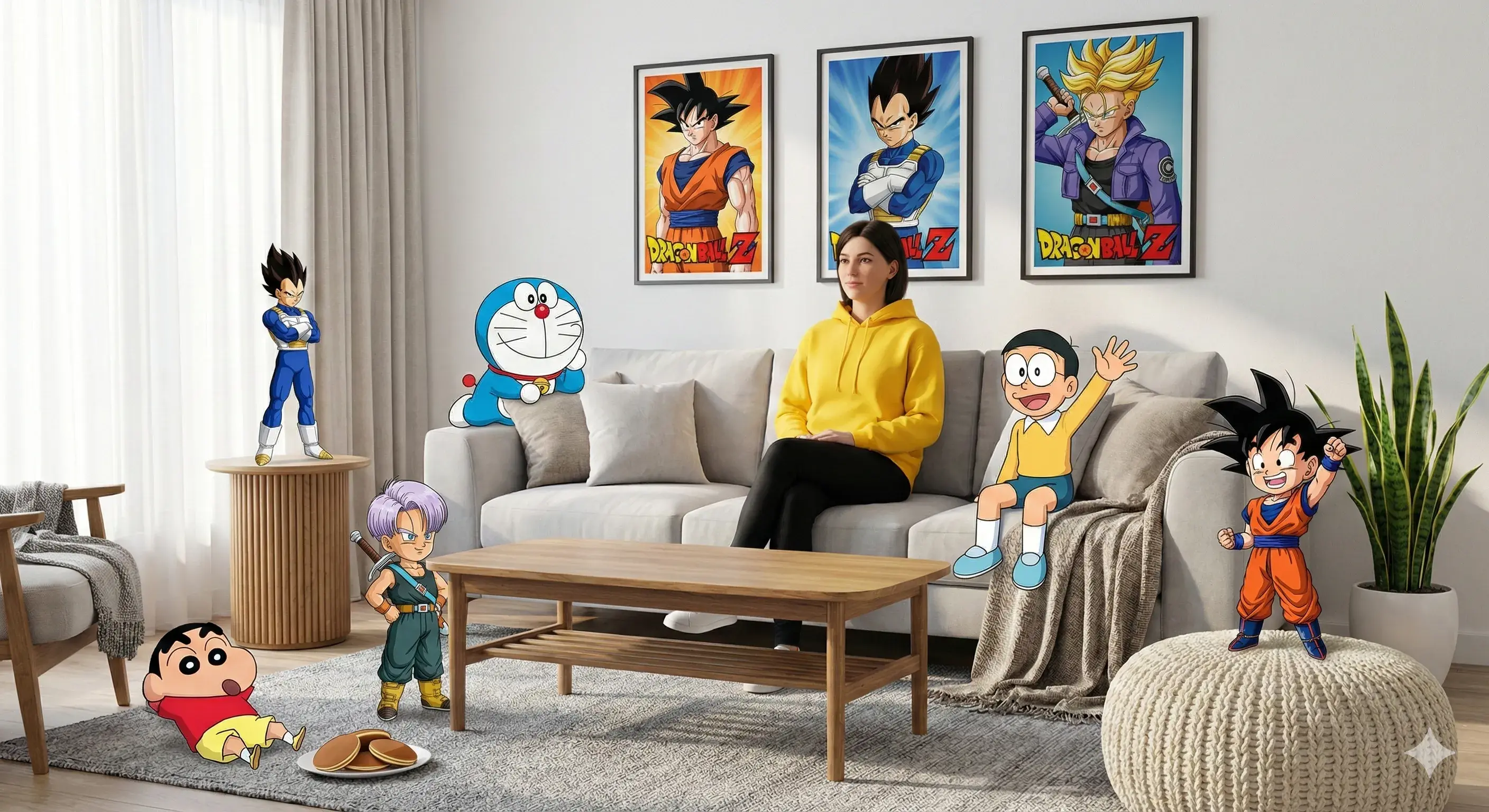 Surreal Mixed-Media Living Room with Anime Characters