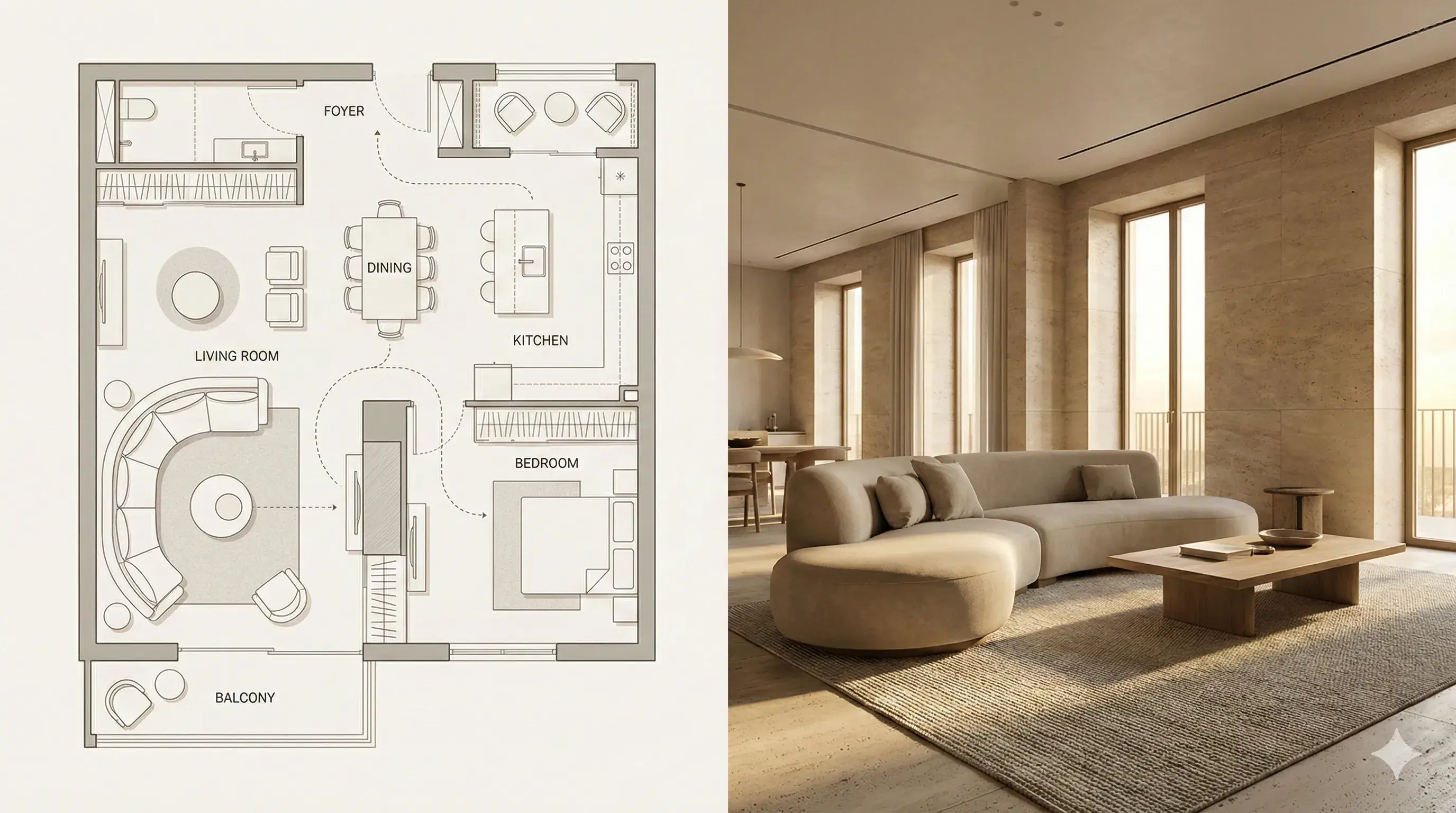 Floor Plan vs Interior Photo Split Composition