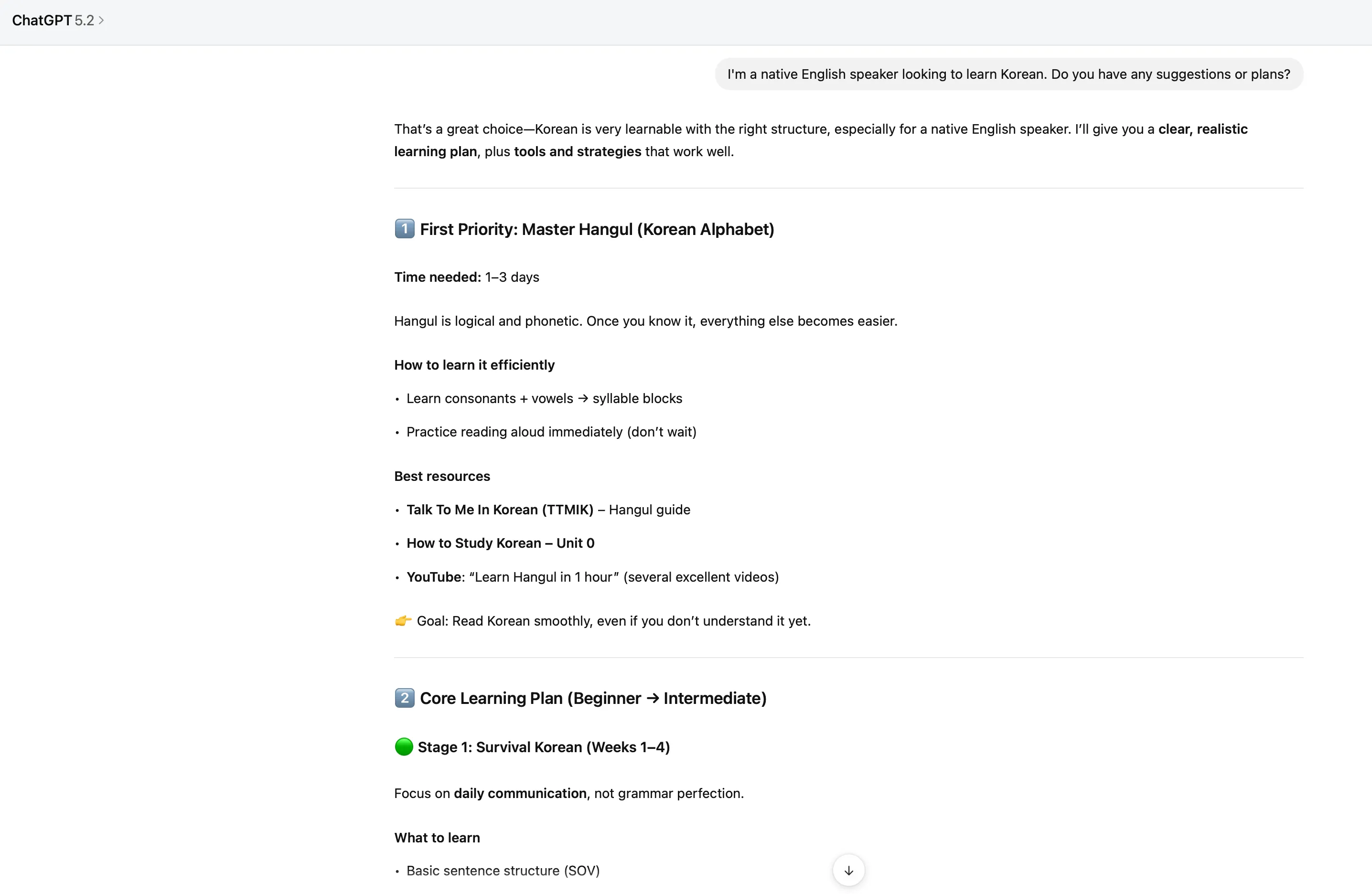 GPT-5.2 为英语母语者制定详细韩语学习计划的对话截图，包括三个阶段的学习安排和 30 天入门计划