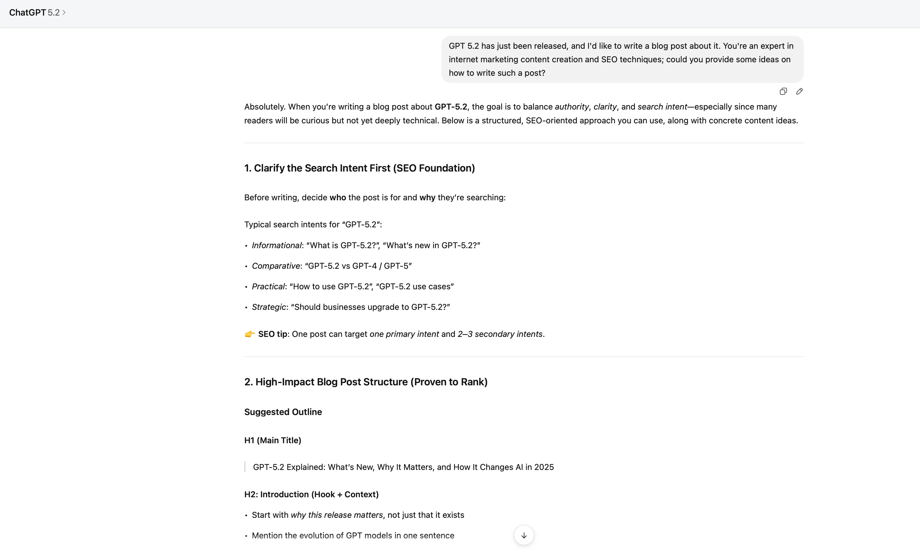 GPT-5.2 从 SEO 专家角度提供博客文章撰写建议的对话截图，包括搜索意图、文章结构、关键词策略等内容