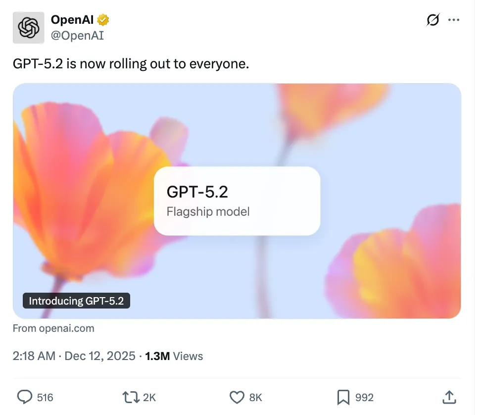 OpenAI 官方在 X 平台发布 GPT-5.2 上线公告，显示发布时间为 2025 年 12 月 12 日凌晨 2:18
