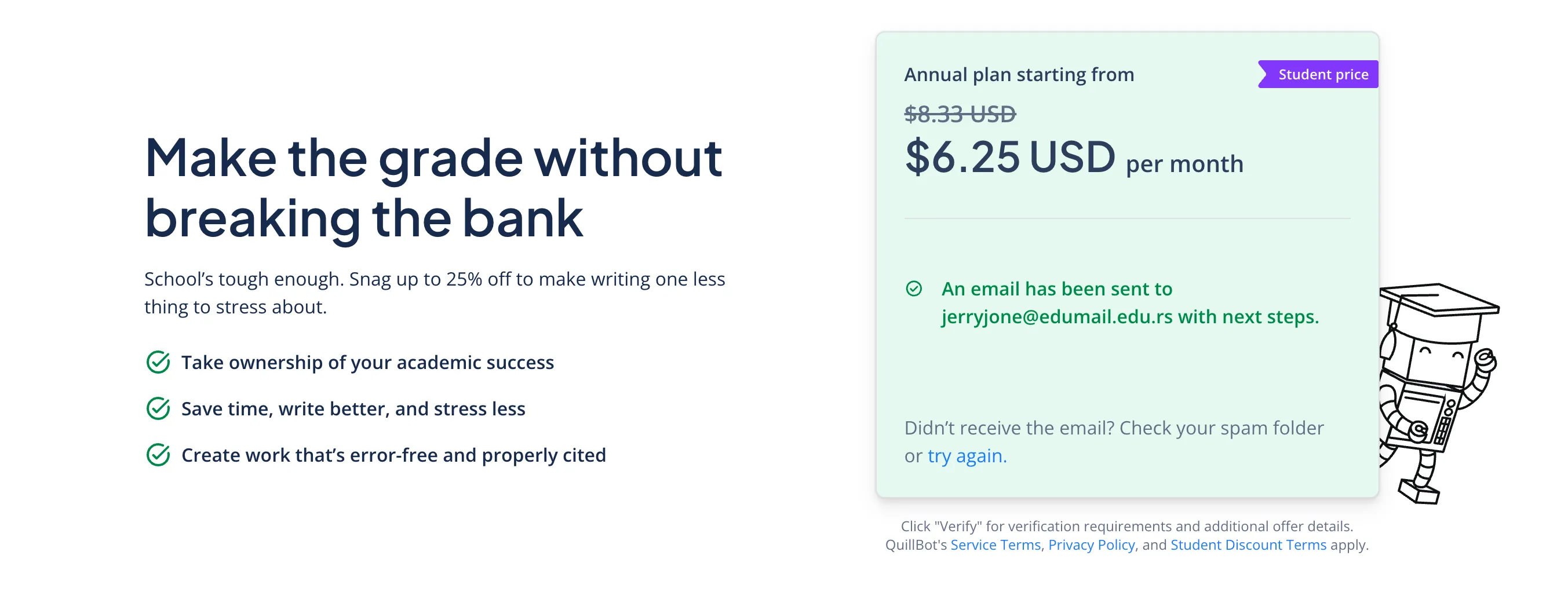 verify quillbot student discount email status