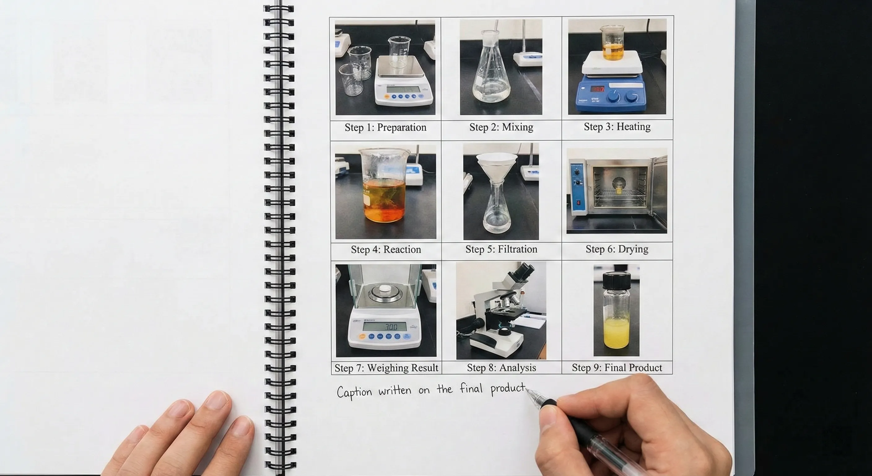 Lab report steps in a grid (up to 9 images)