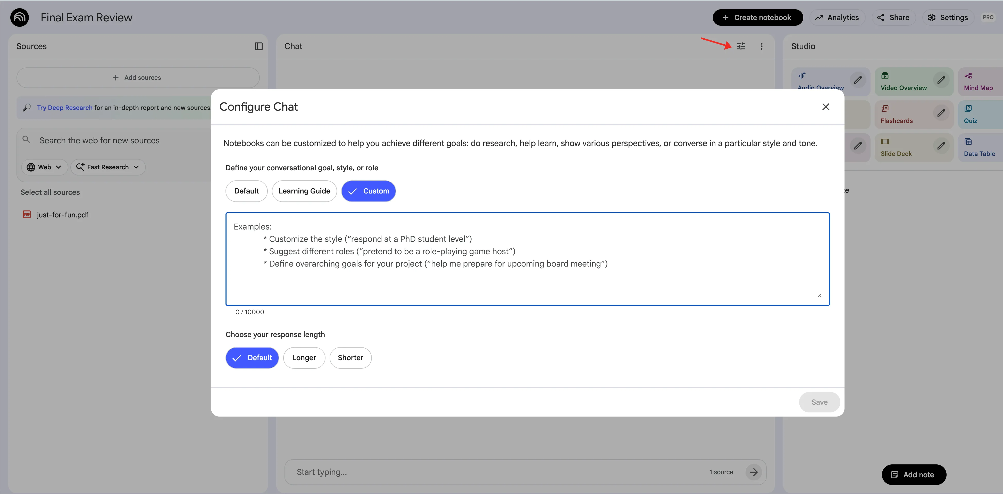 notebooklm configure chat